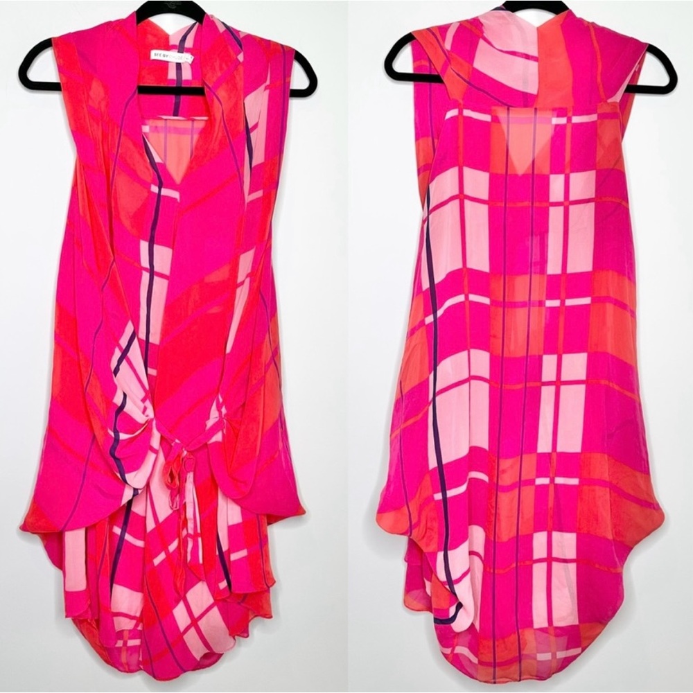 See by Chloe Tunic 4 Sleeveless 100% Silk Dress Tie Front Plaid Pink Printed